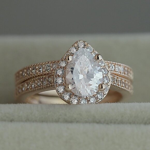 💞 Elegant Beautiful Pear Micro Pave Water Drop Rose Gold Ring Set Women, VIP393 - Picture 1 of 4